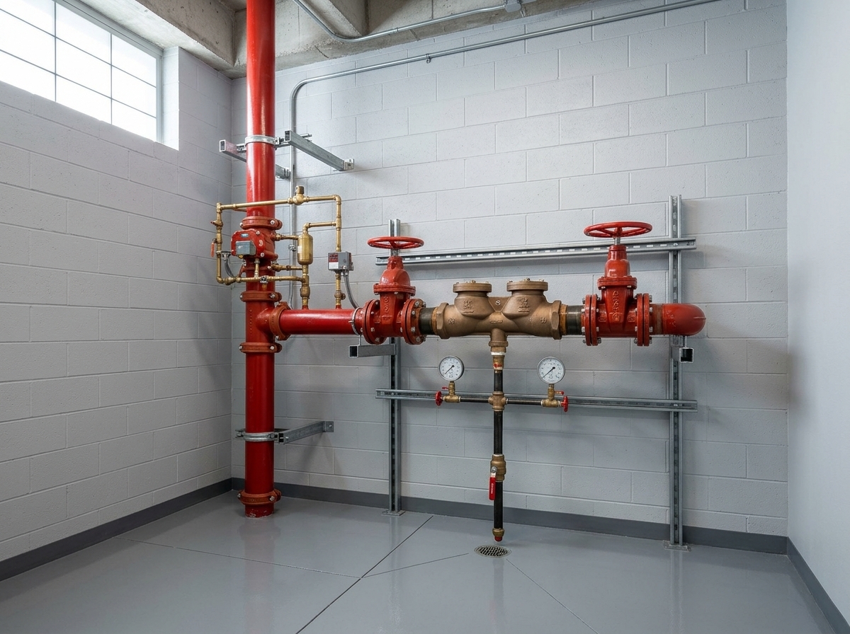 Sprinkler riser, valves and backflow assembly in a mechanical room in Fresno, CA