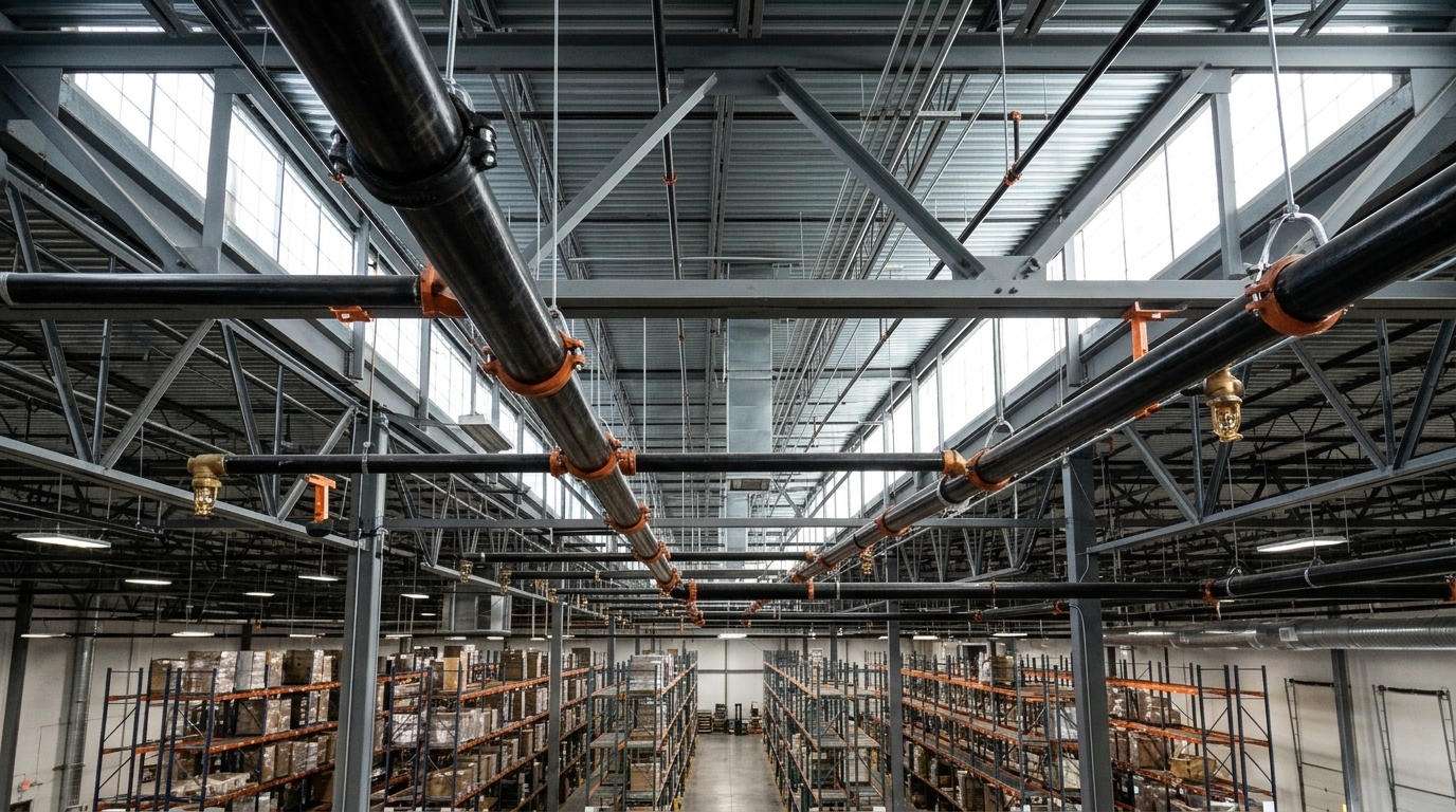Fire sprinkler piping and heads installed in a commercial ceiling, illustrating sprinkler work for Fresno, CA